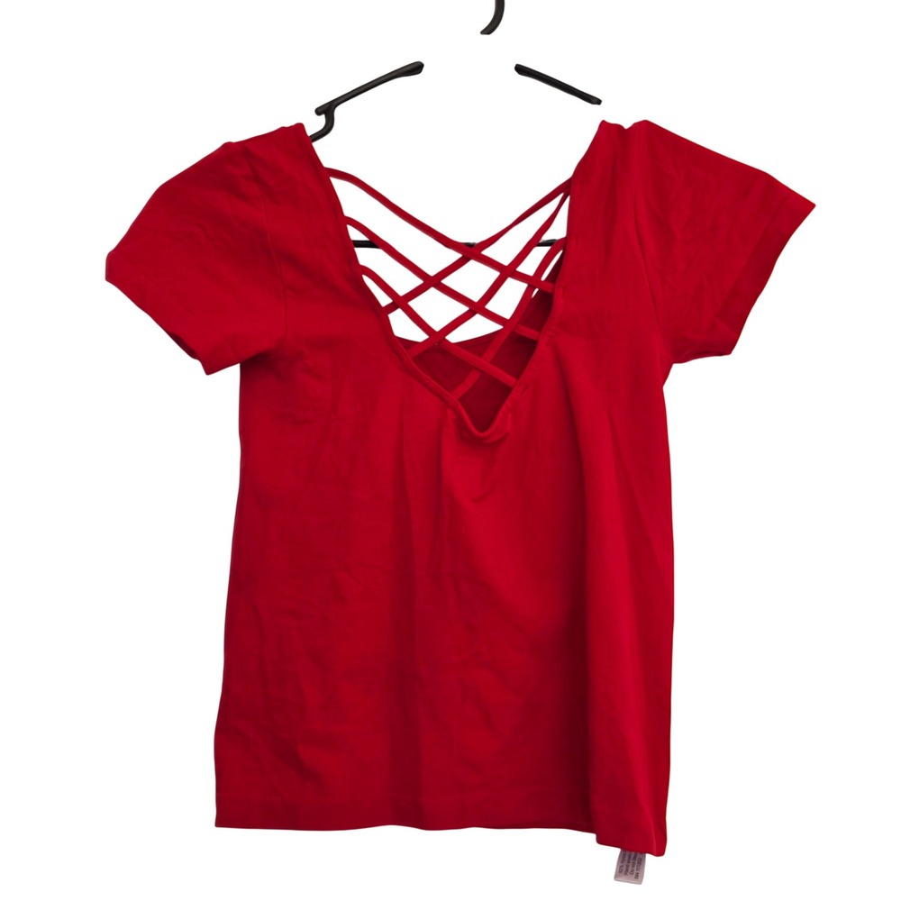 Skylee Collection Red Strappy Lattice Back Short Sleeve Top‎ One Size